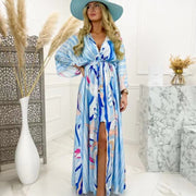 New women''s V-neck short sleeve printed long dress