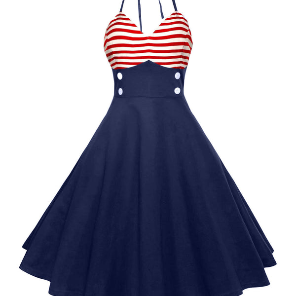 Striped Patchwork Neck Print Vintage Dress American Flag Print