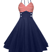 Striped Patchwork Neck Print Vintage Dress American Flag Print