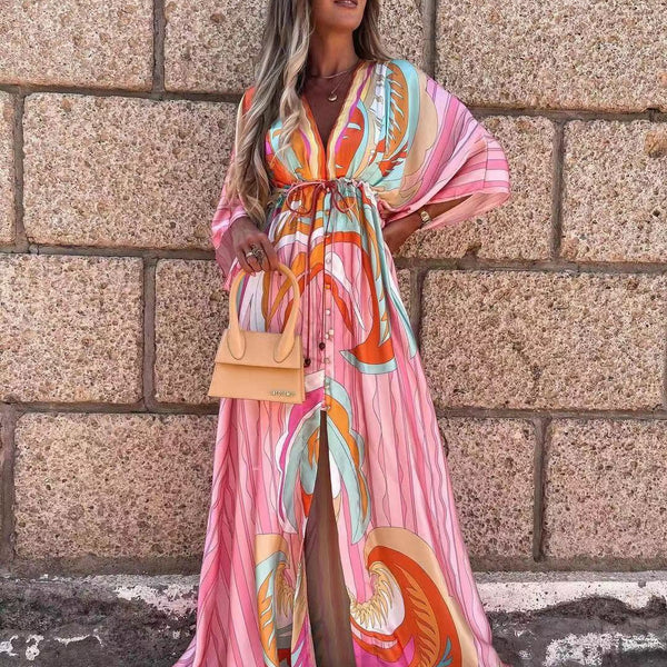 New women''s V-neck short sleeve printed long dress