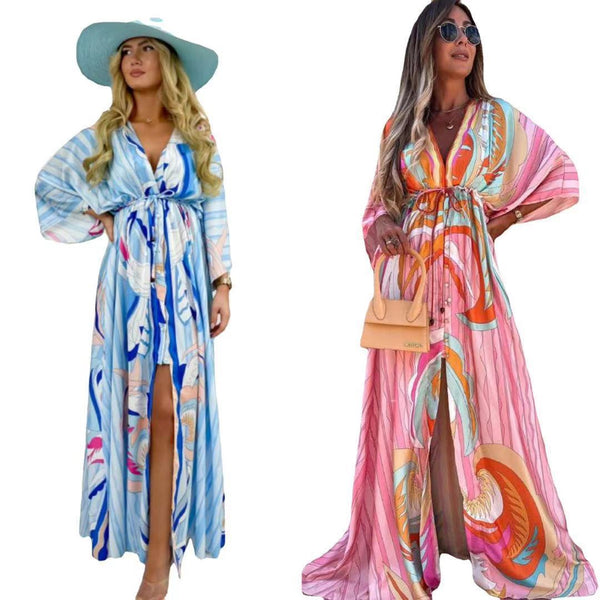 New women''s V-neck short sleeve printed long dress